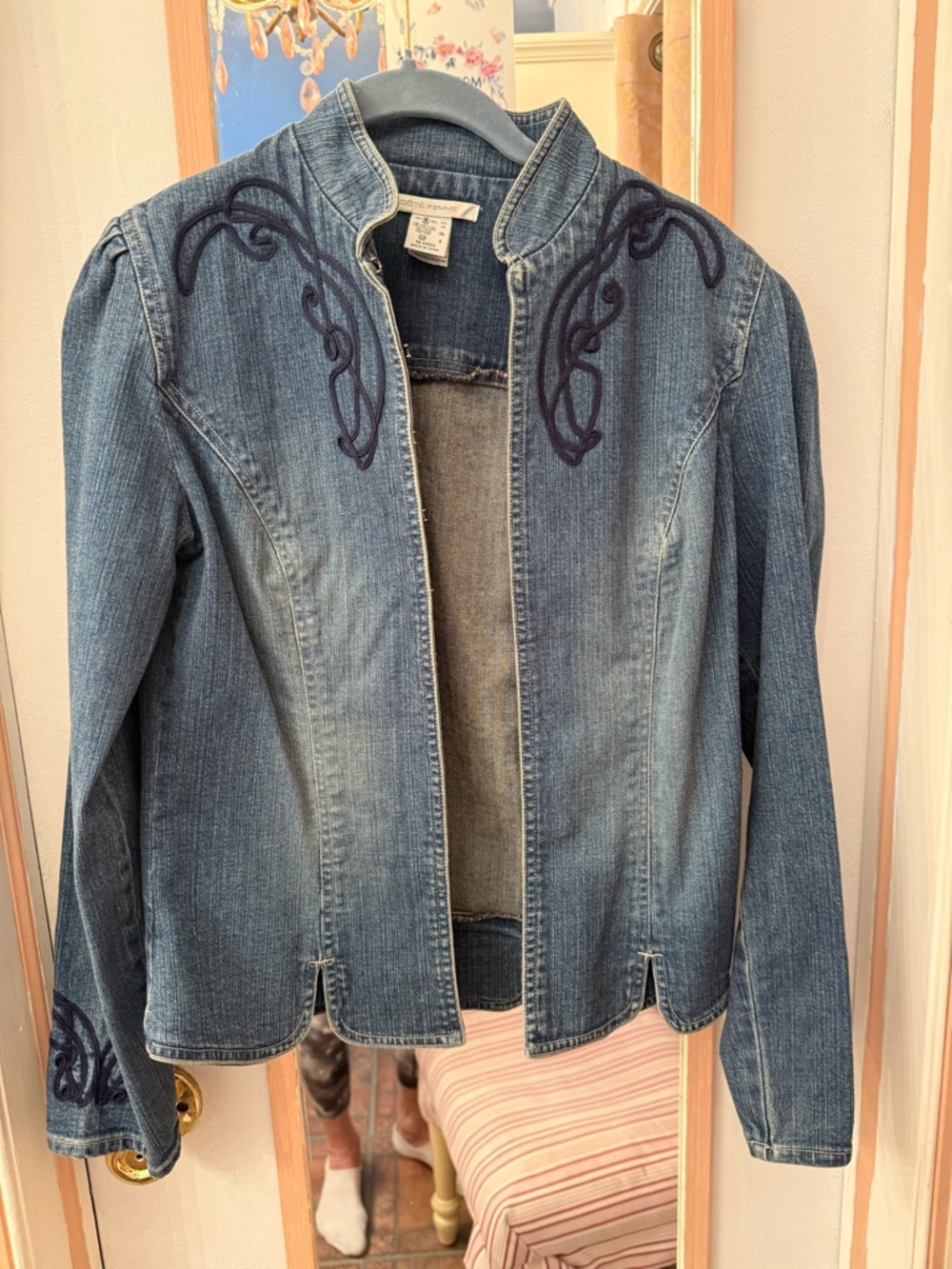 Women's Light Wash Denim Jacket with Navy Embroidery